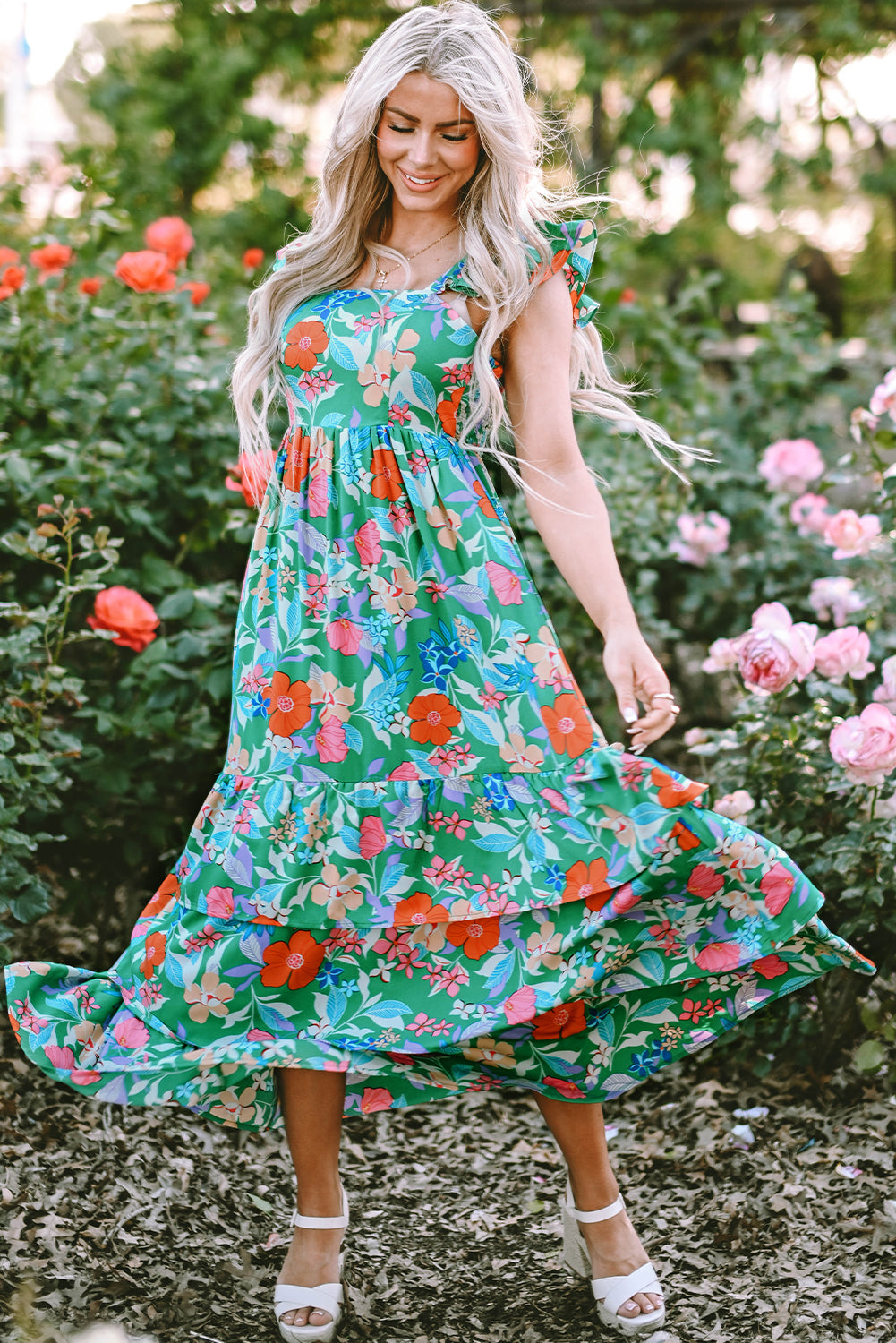 Green Floral Print Sleeveless Ruffle Tiered Maxi Dress - Hey Hunni LLC