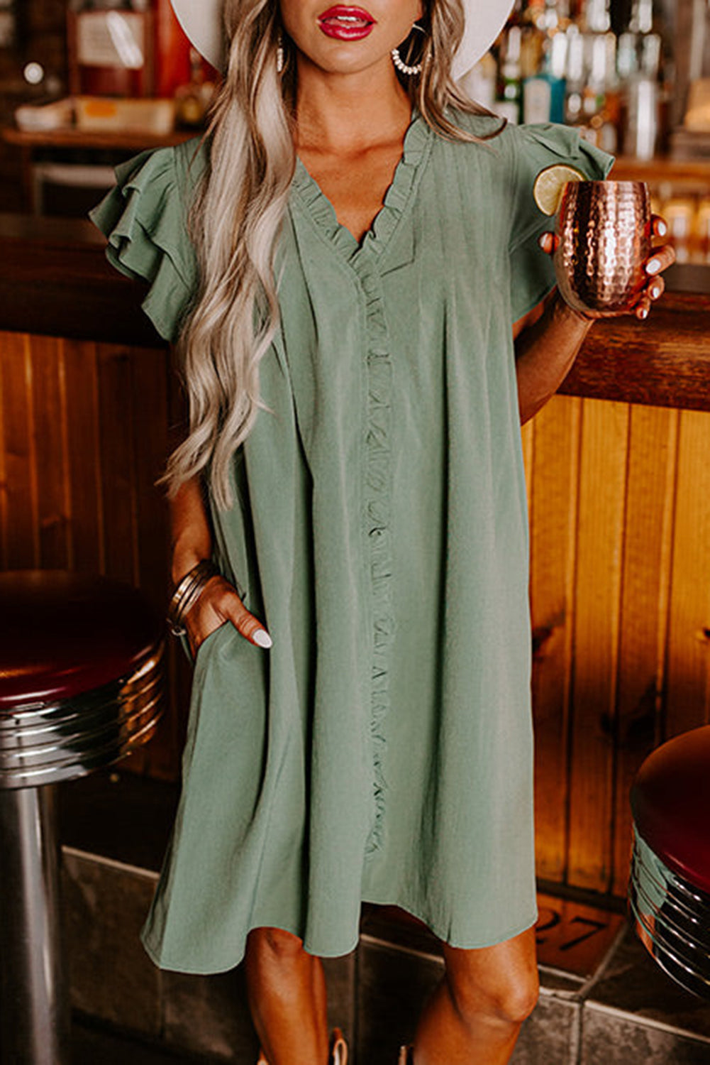 Mist Green Ruffle Sleeve V Neck Frilled Shift Dress - Hey Hunni LLC