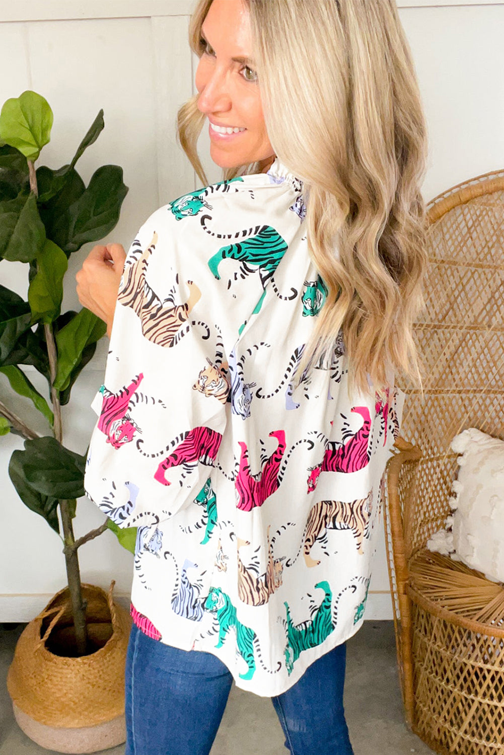 White Colorful Tiger Print Ruffled Lantern Sleeve Blouse - Hey Hunni LLC