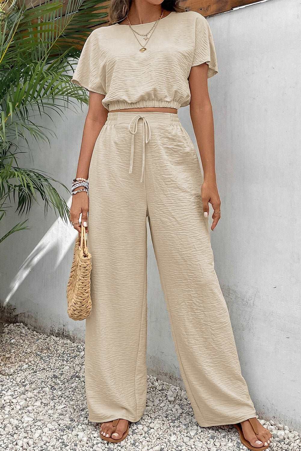 Beige Crinkled Elastic Hem Crop Tee and Wide Leg Pants Set - Hey Hunni LLC