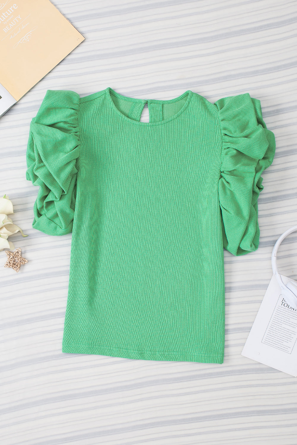 Green Ribbed Knit Puffy Ruffle Sleeve Blouse - Hey Hunni LLC