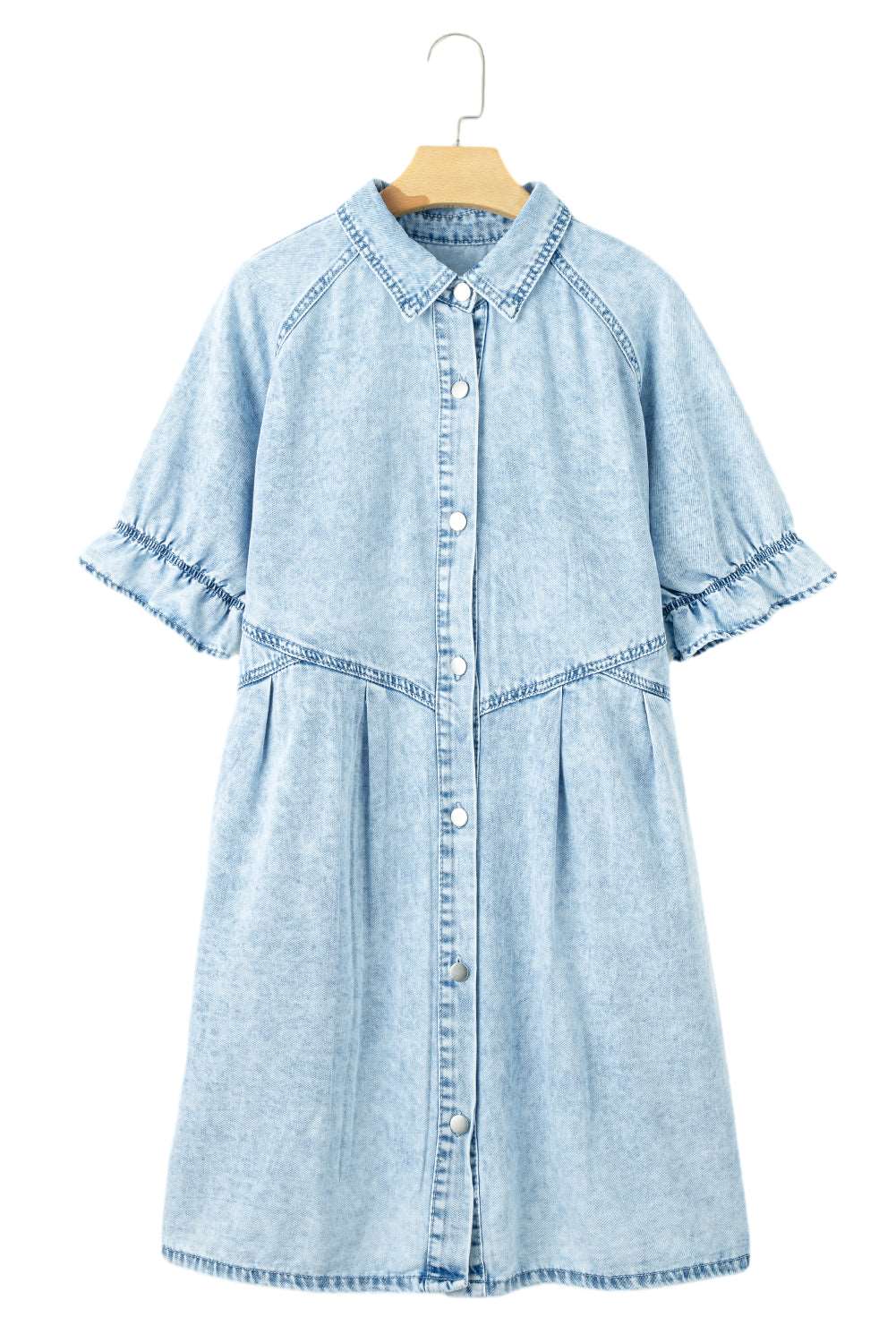 Beau Blue Mineral Wash Ruffled Short Sleeve Buttoned Denim Dress