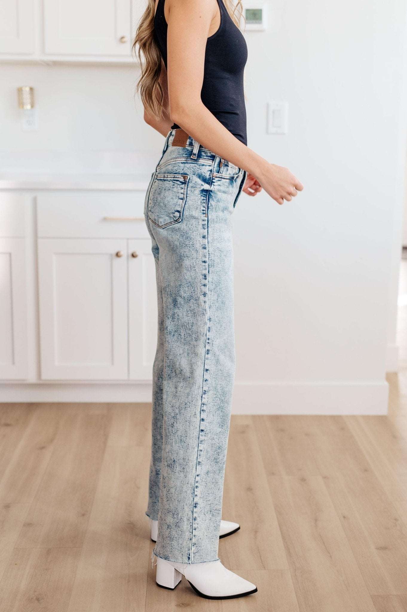 Dory High Waist Mineral Wash Raw Hem Wide Leg Jeans - Hey Hunni LLC