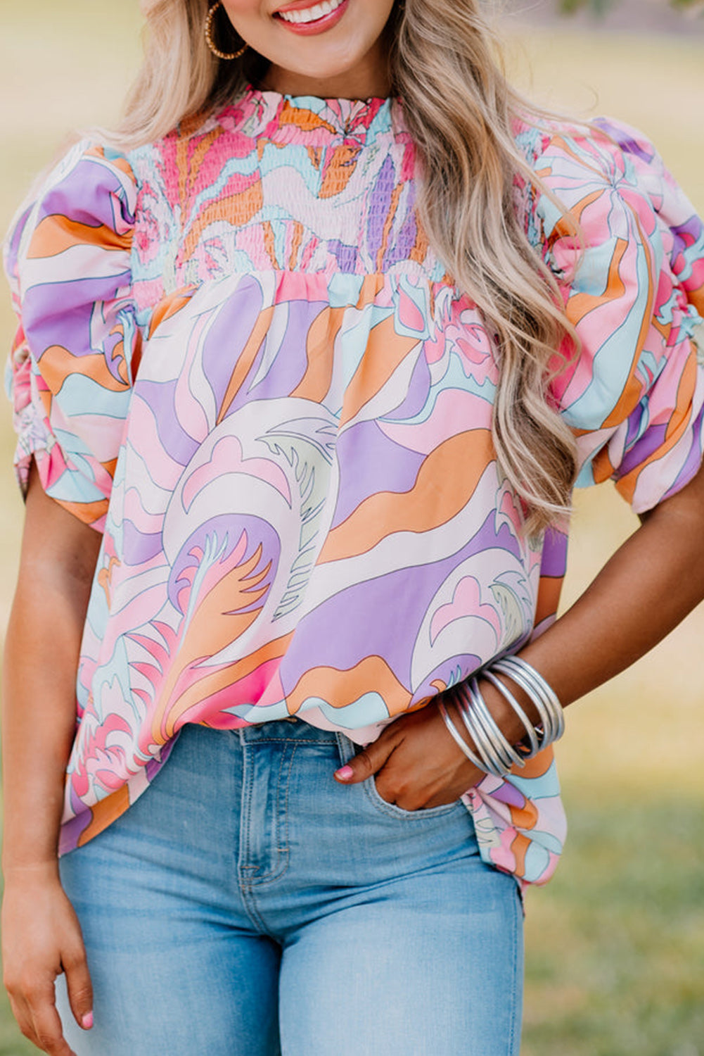 Pink Abstract Print Bubble Sleeve Smock Detail Blouse - Hey Hunni LLC