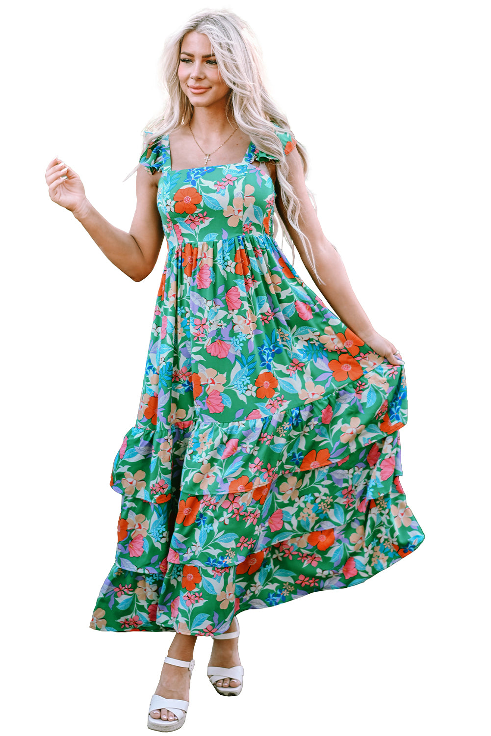 Green Floral Print Sleeveless Ruffle Tiered Maxi Dress - Hey Hunni LLC