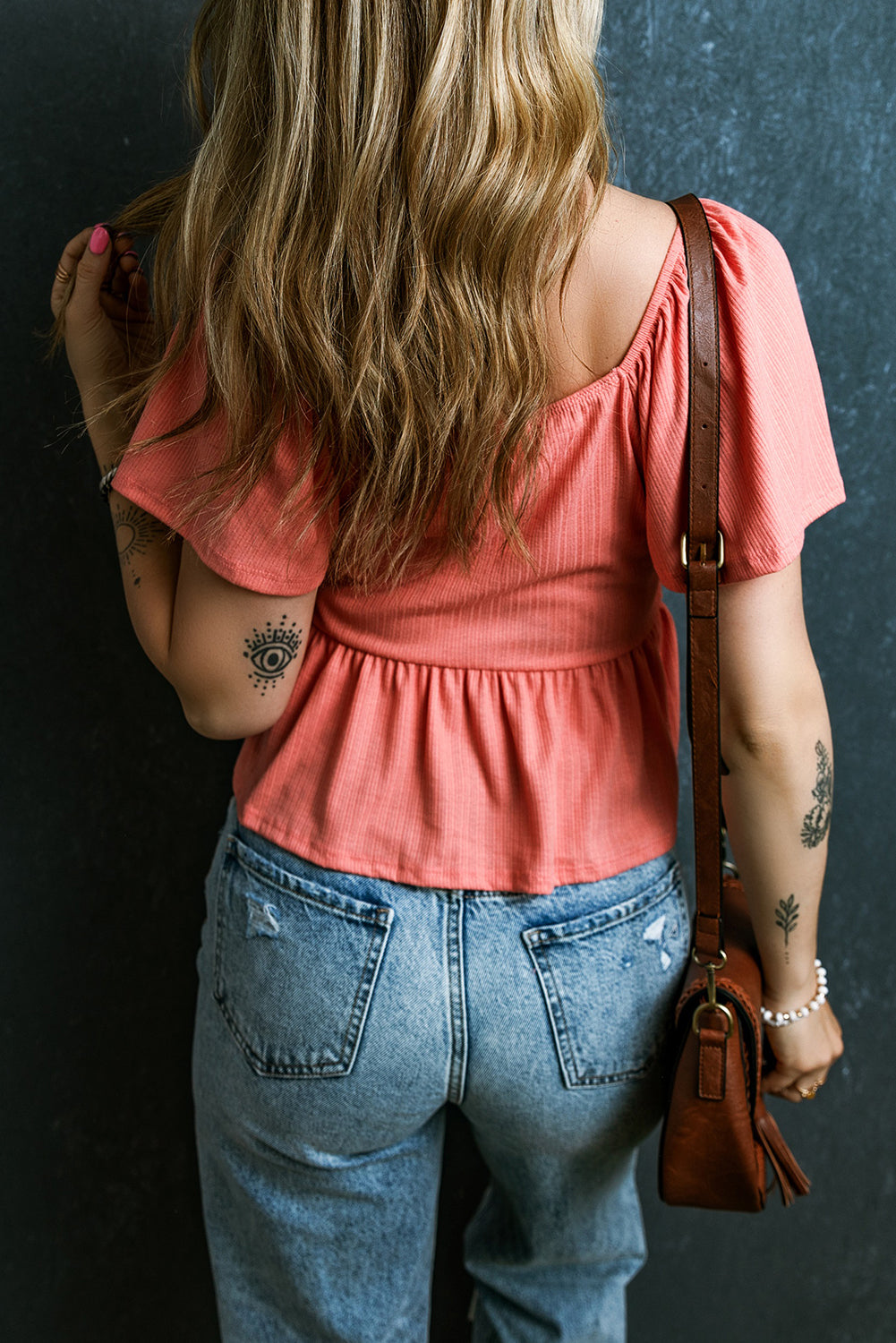 Tomato Red Shirred V Neck Short Flutter Sleeve Textured Blouse - Hey Hunni LLC