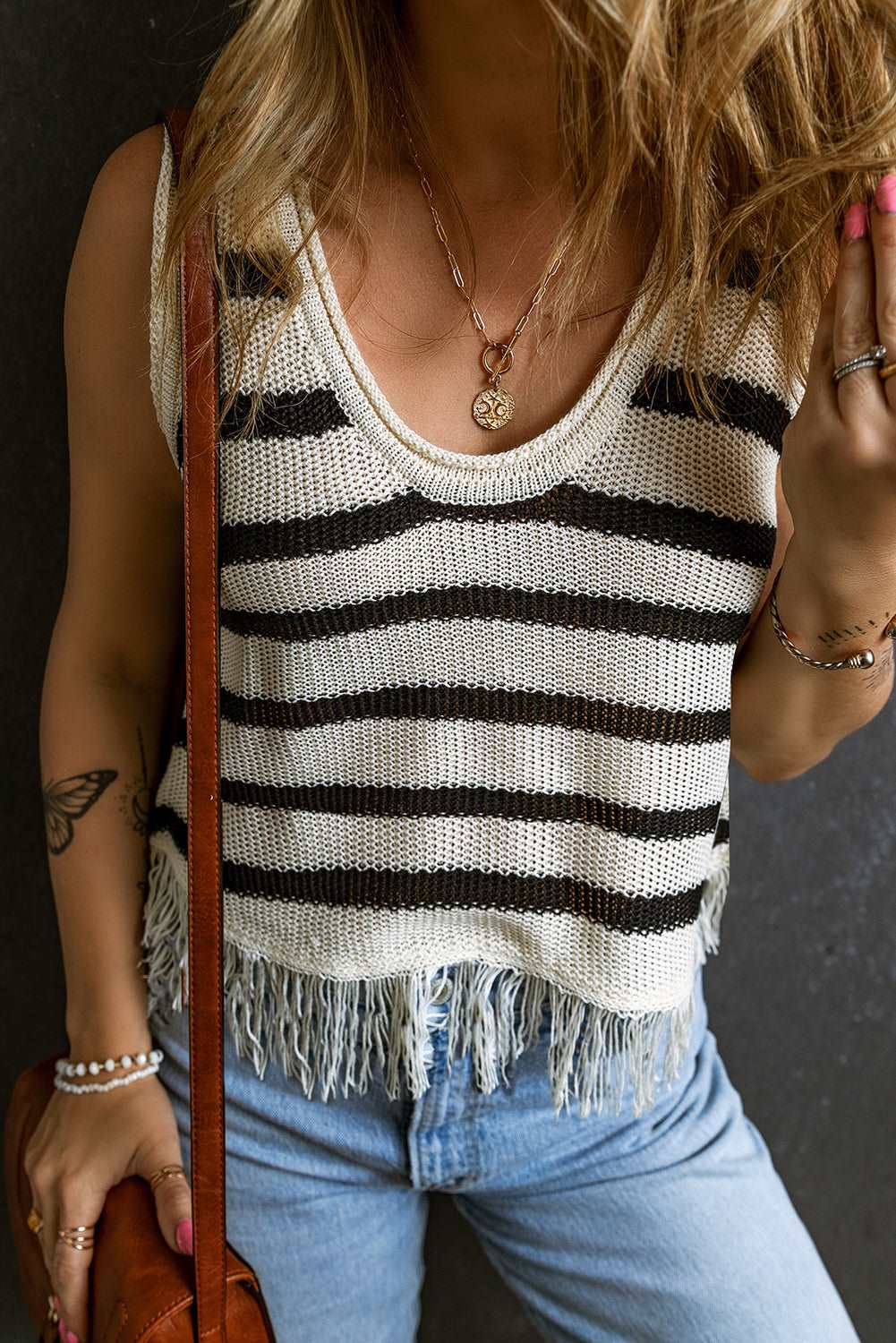 Beige Stripe Loose Knit Fringe Tank Top - Hey Hunni LLC