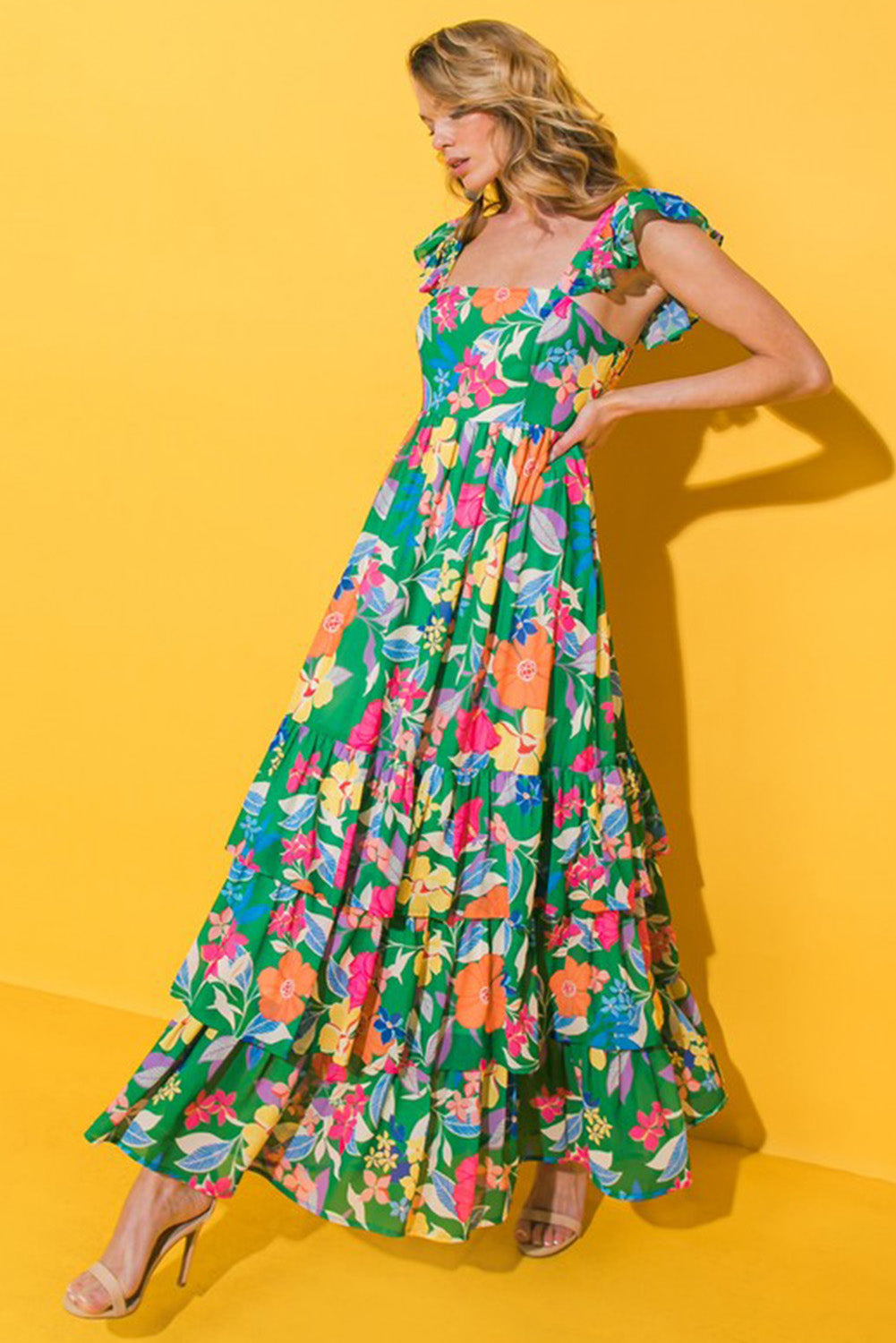 Green Floral Print Sleeveless Ruffle Tiered Maxi Dress - Hey Hunni LLC