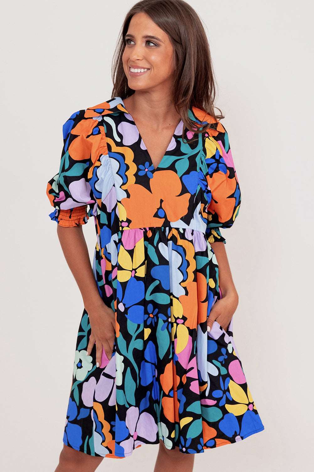 Blue Collared Split Neck Floral Flared Dress - Hey Hunni LLC