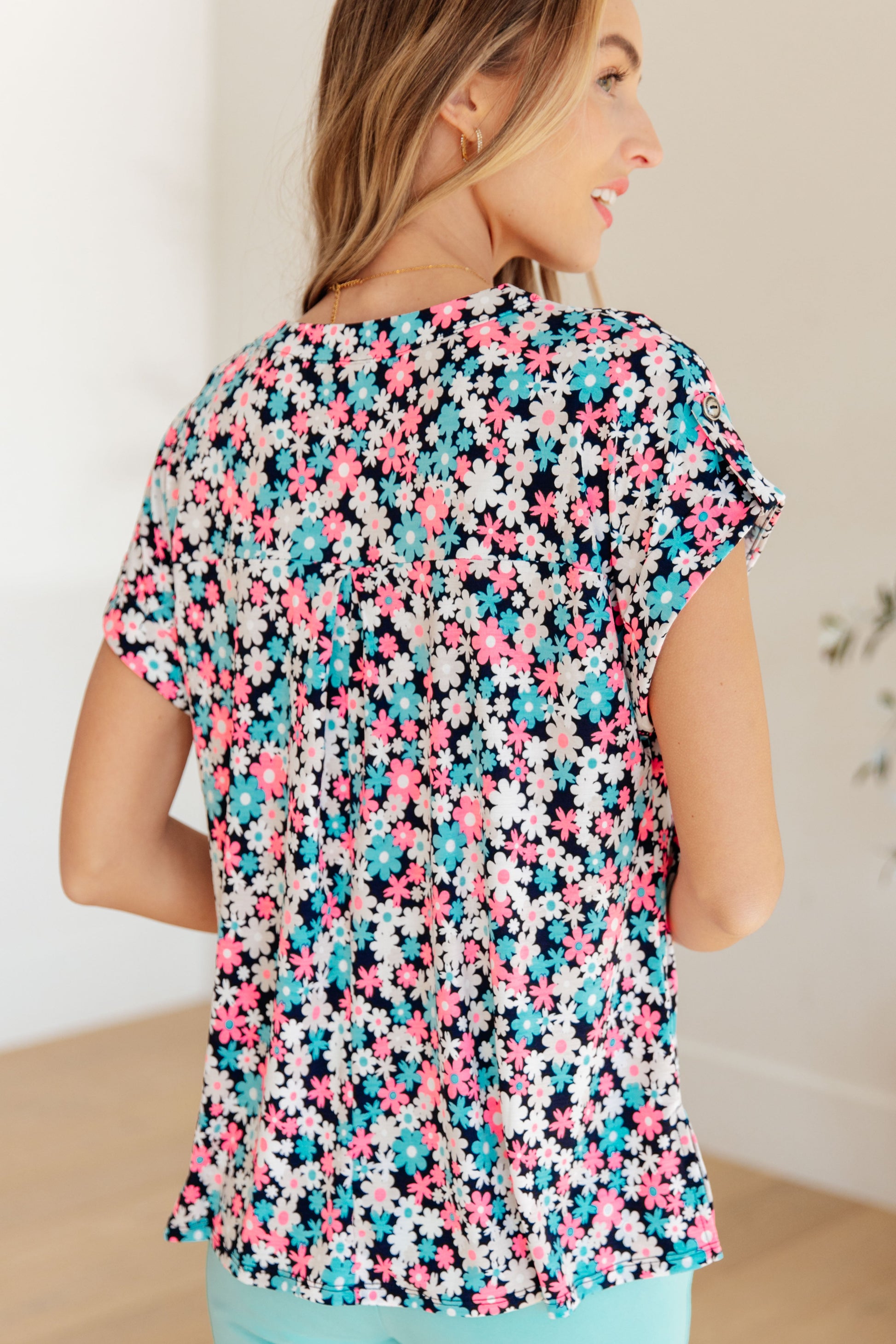 Lizzy Cap Sleeve Top in Navy and Hot Pink Floral - Hey Hunni LLC