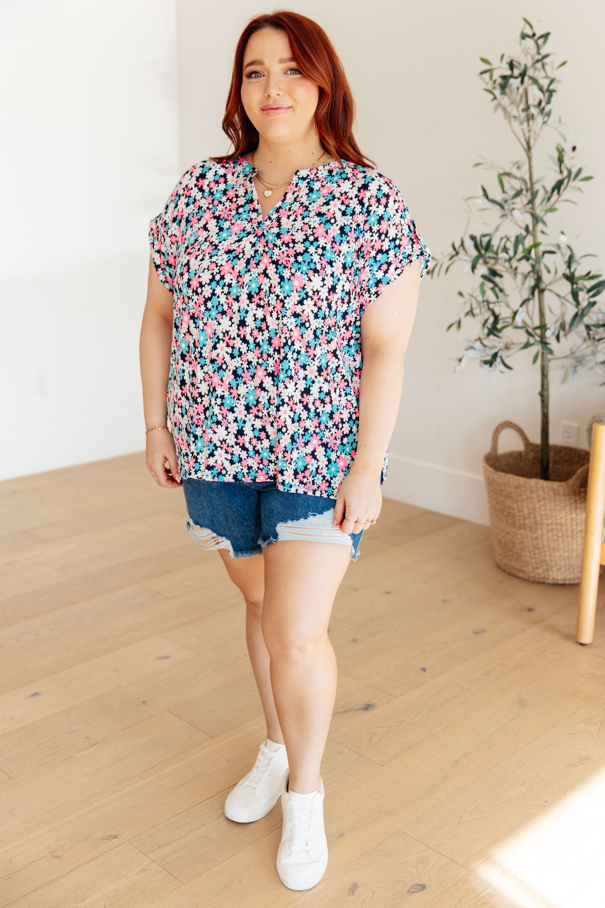 Lizzy Cap Sleeve Top in Navy and Hot Pink Floral - Hey Hunni LLC