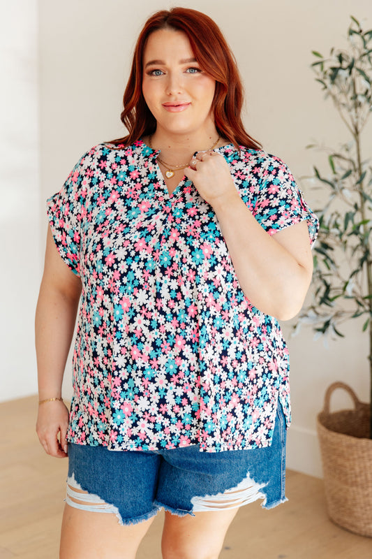 Lizzy Cap Sleeve Top in Navy and Hot Pink Floral - Hey Hunni LLC