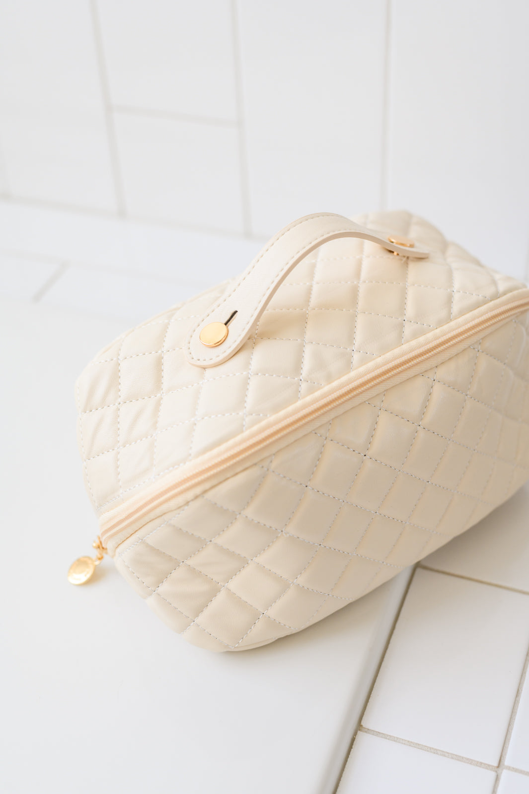 Large Capacity Quilted Makeup Bag in Cream - Hey Hunni LLC