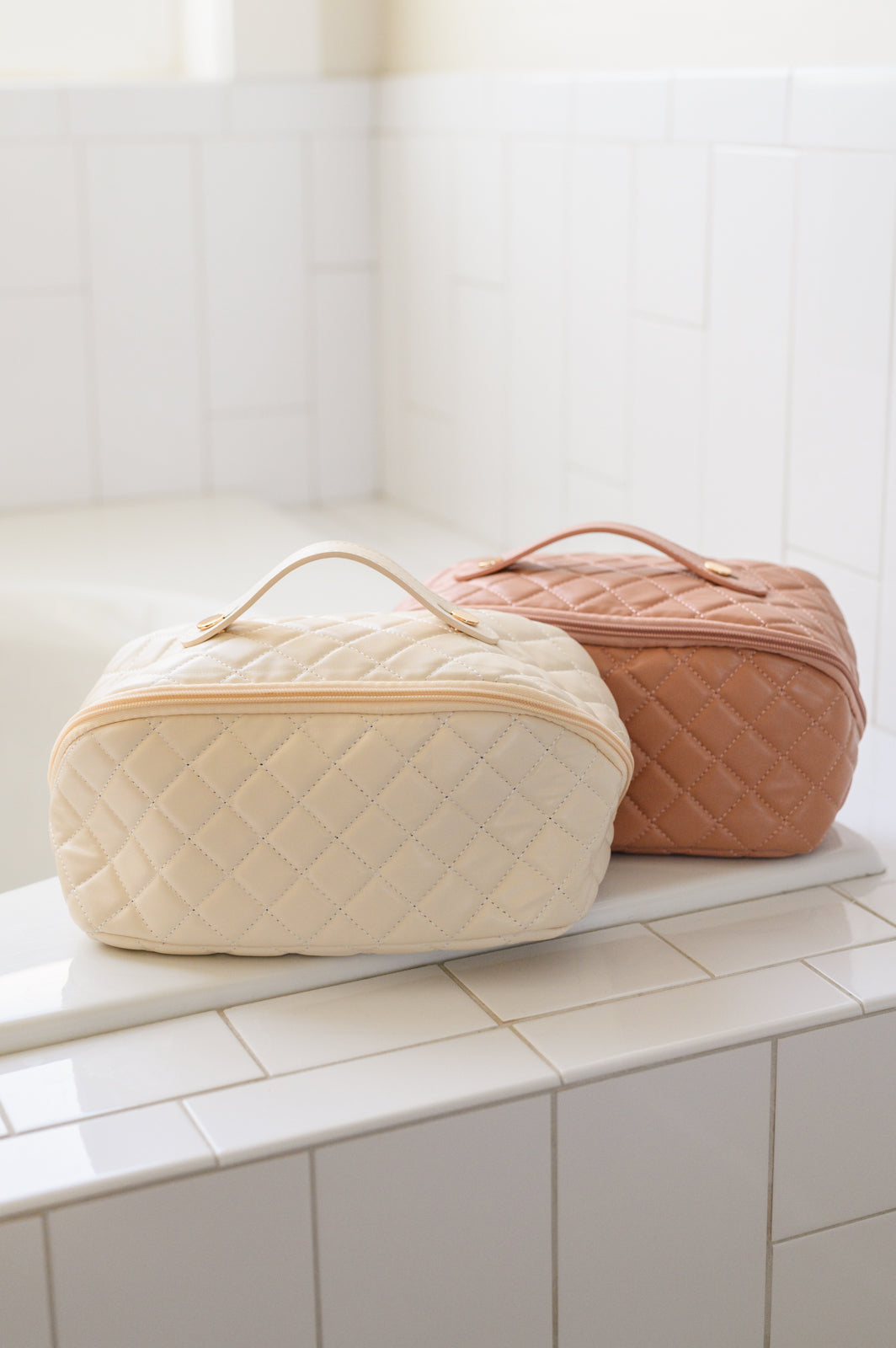 Large Capacity Quilted Makeup Bag in Cream - Hey Hunni LLC