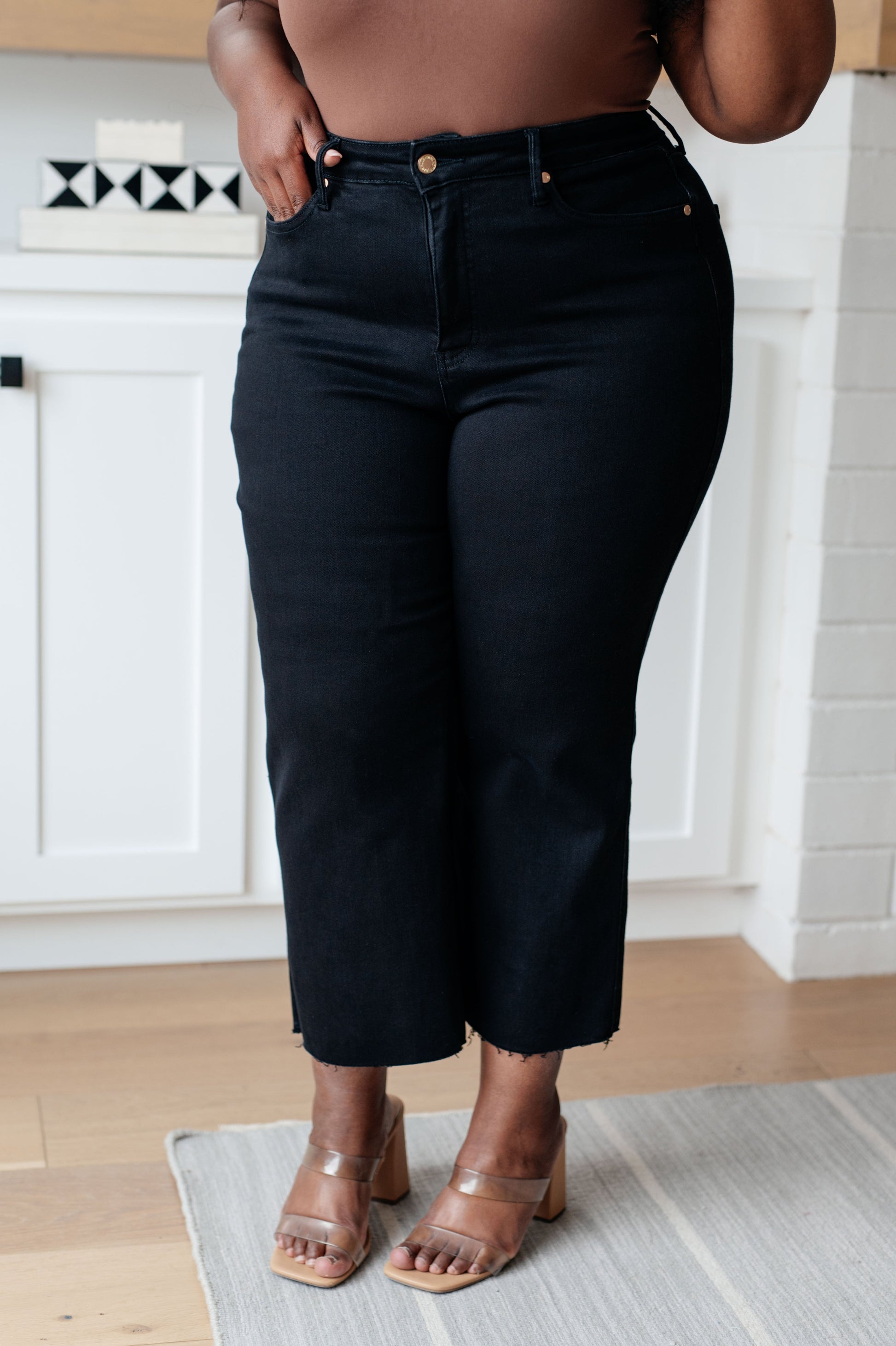 Lizzy High Rise Control Top Wide Leg Crop Jeans in Black - Hey Hunni LLC