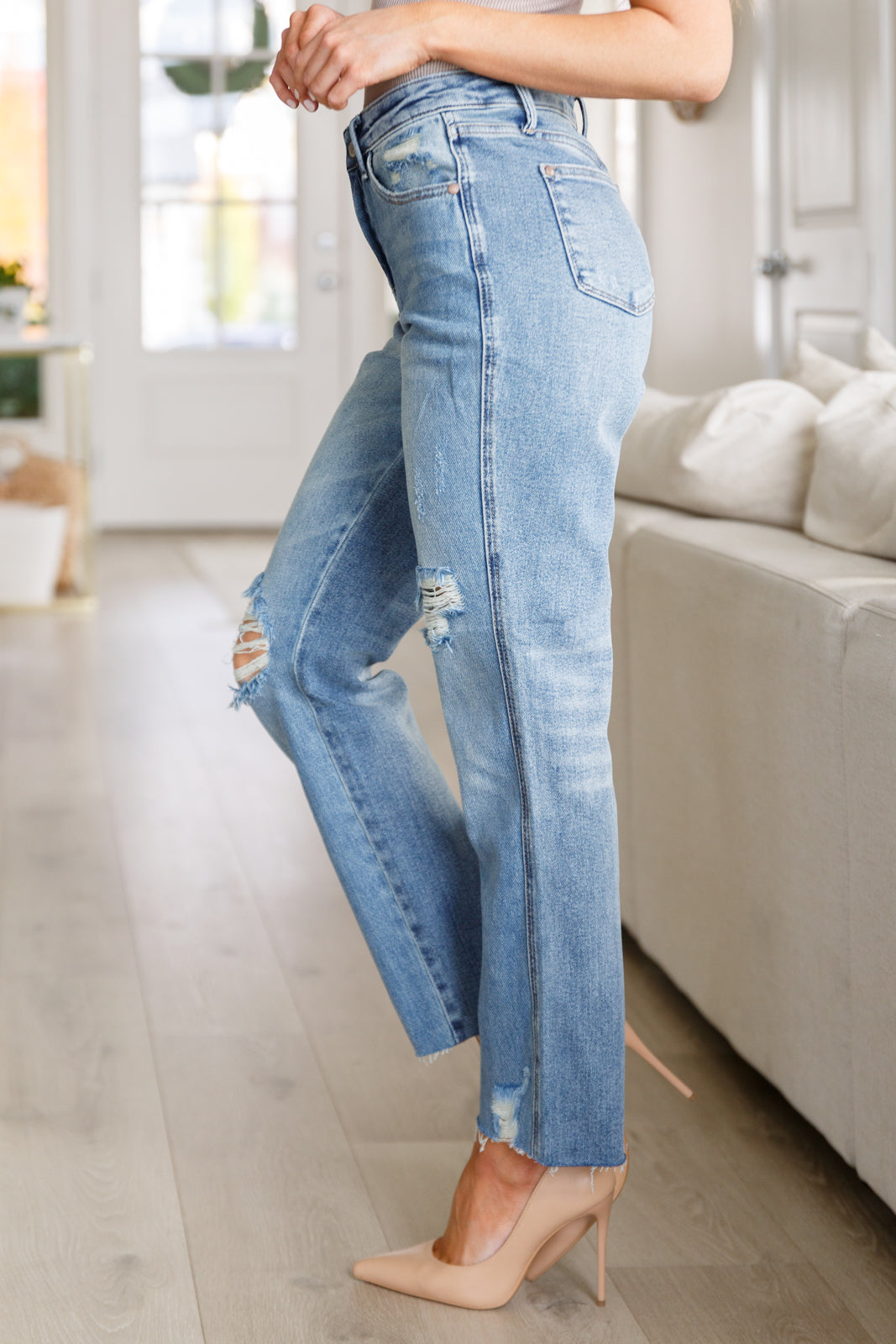 Nora High Rise Rigid Magic Destroy Slim Straight Jeans - Hey Hunni LLC