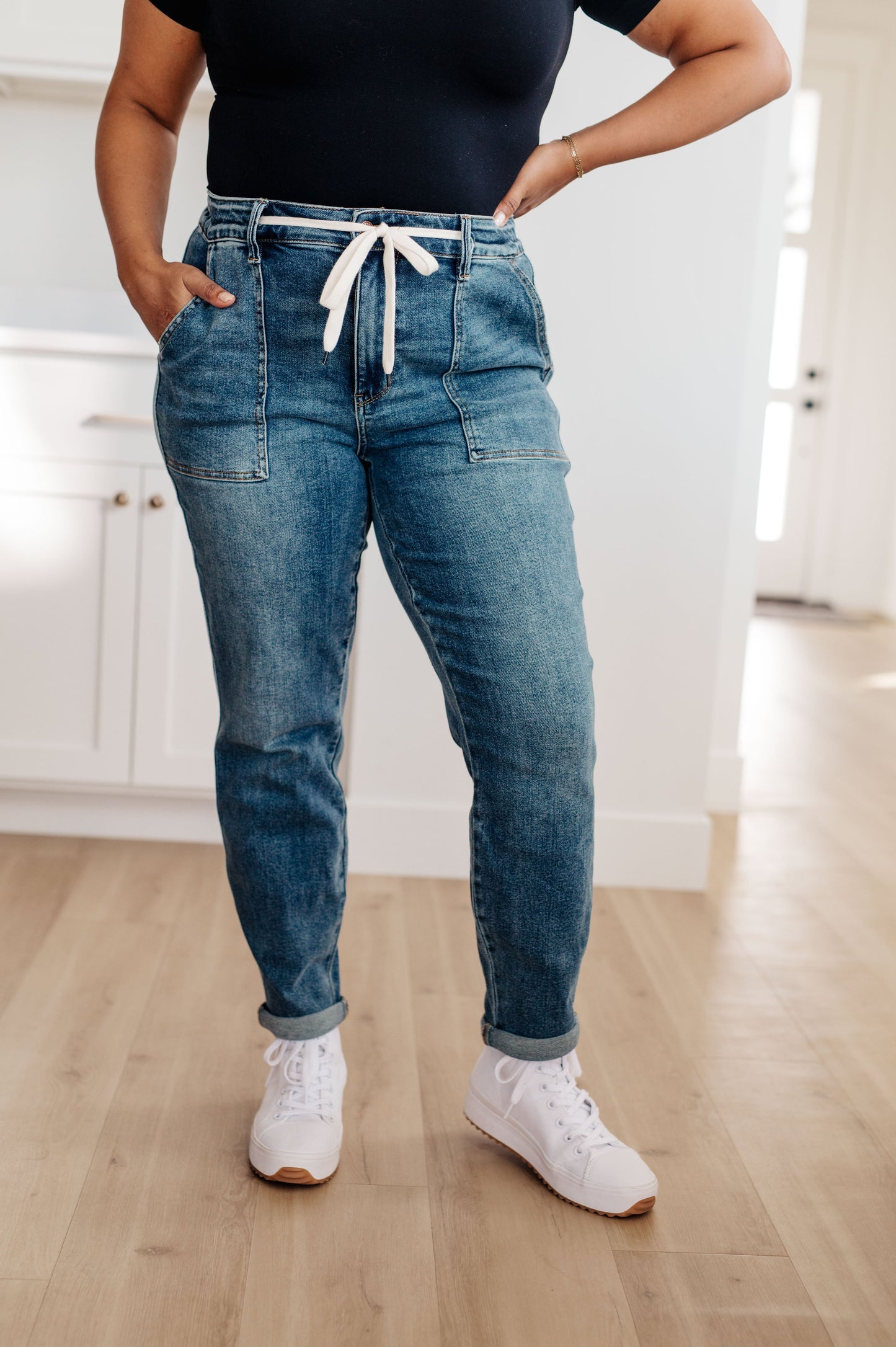 Payton Pull On Denim Joggers in Medium Wash - Hey Hunni LLC