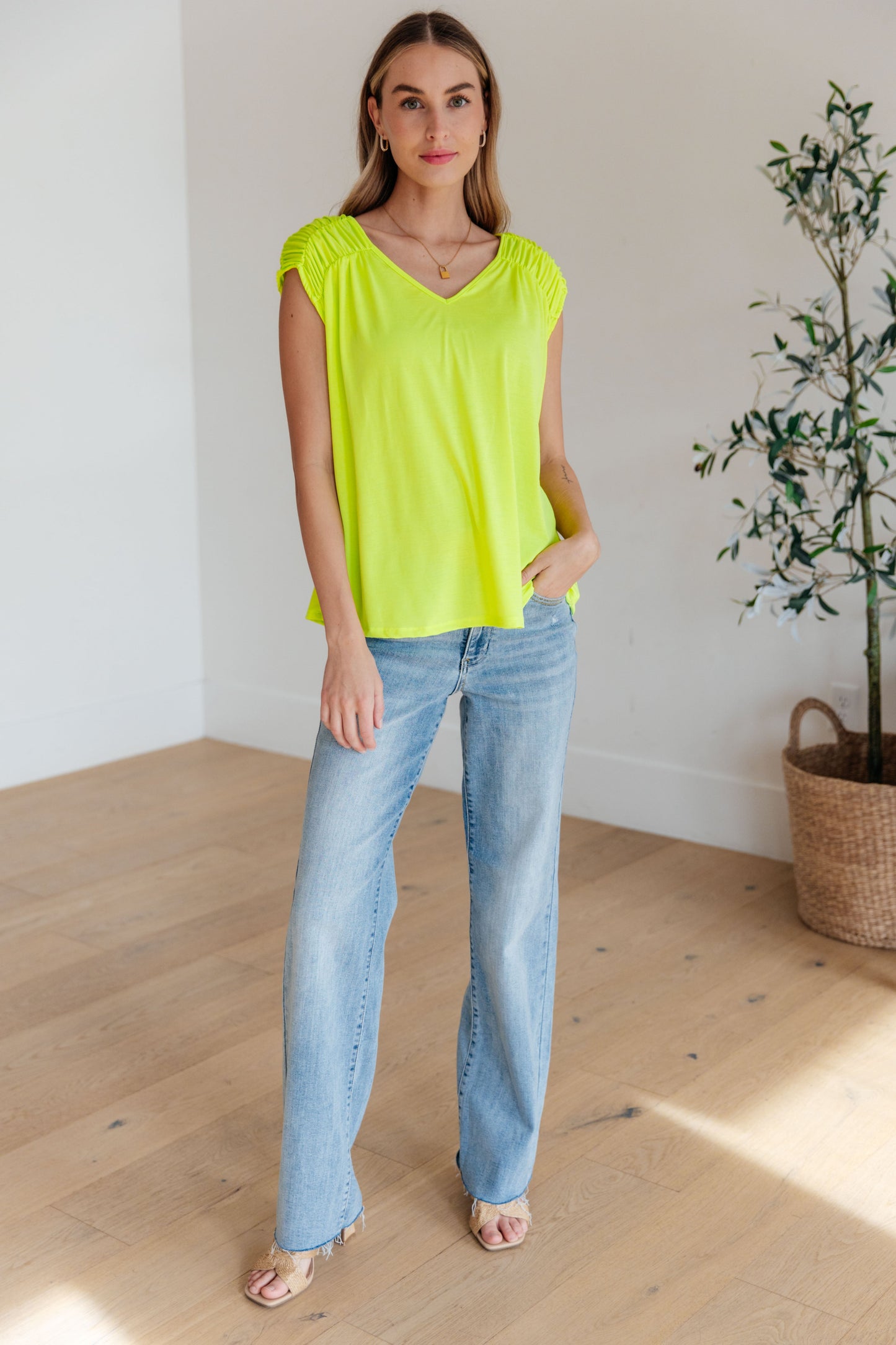 Ruched Cap Sleeve Top in Neon Green - Hey Hunni LLC