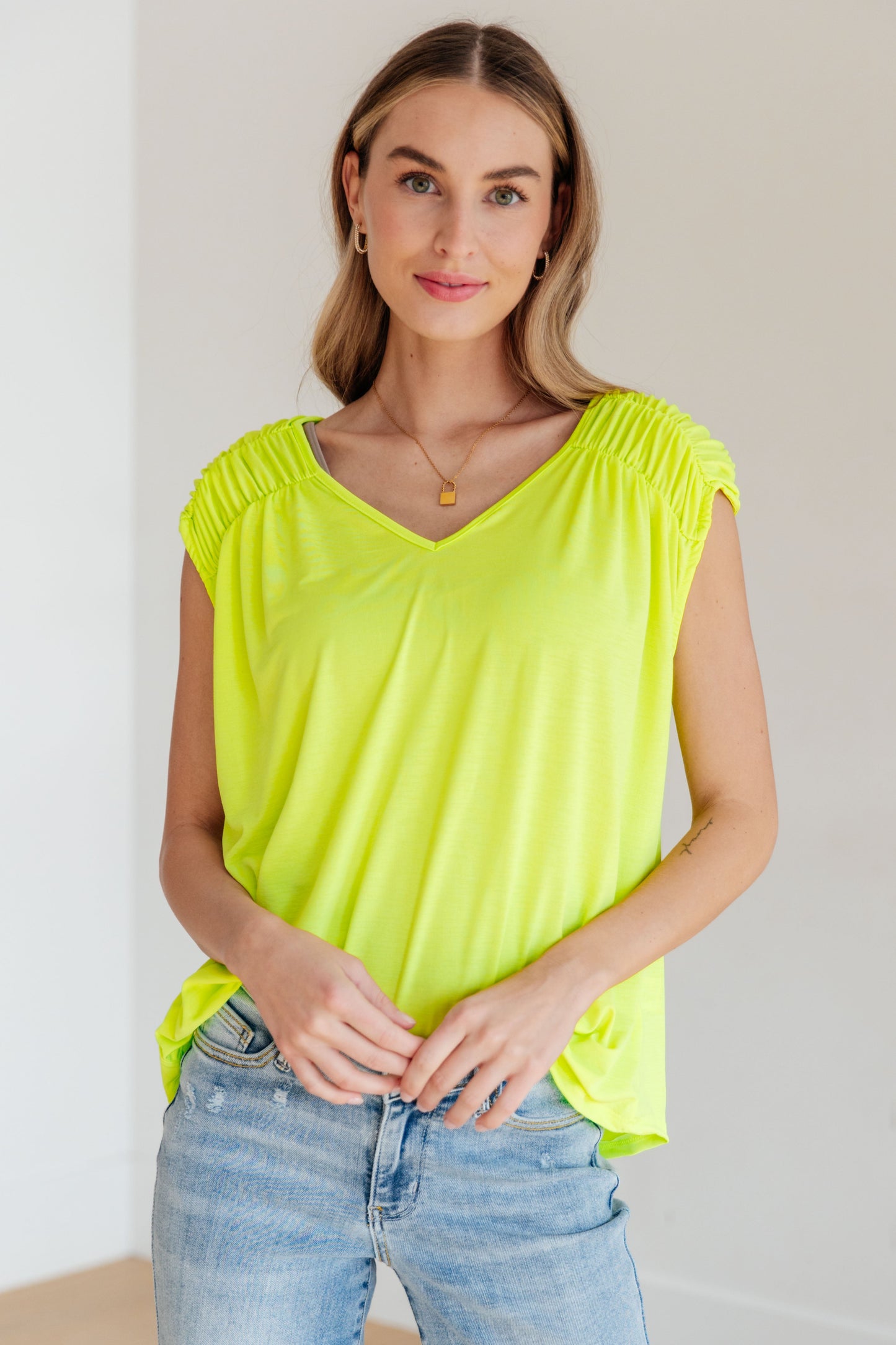 Ruched Cap Sleeve Top in Neon Green - Hey Hunni LLC