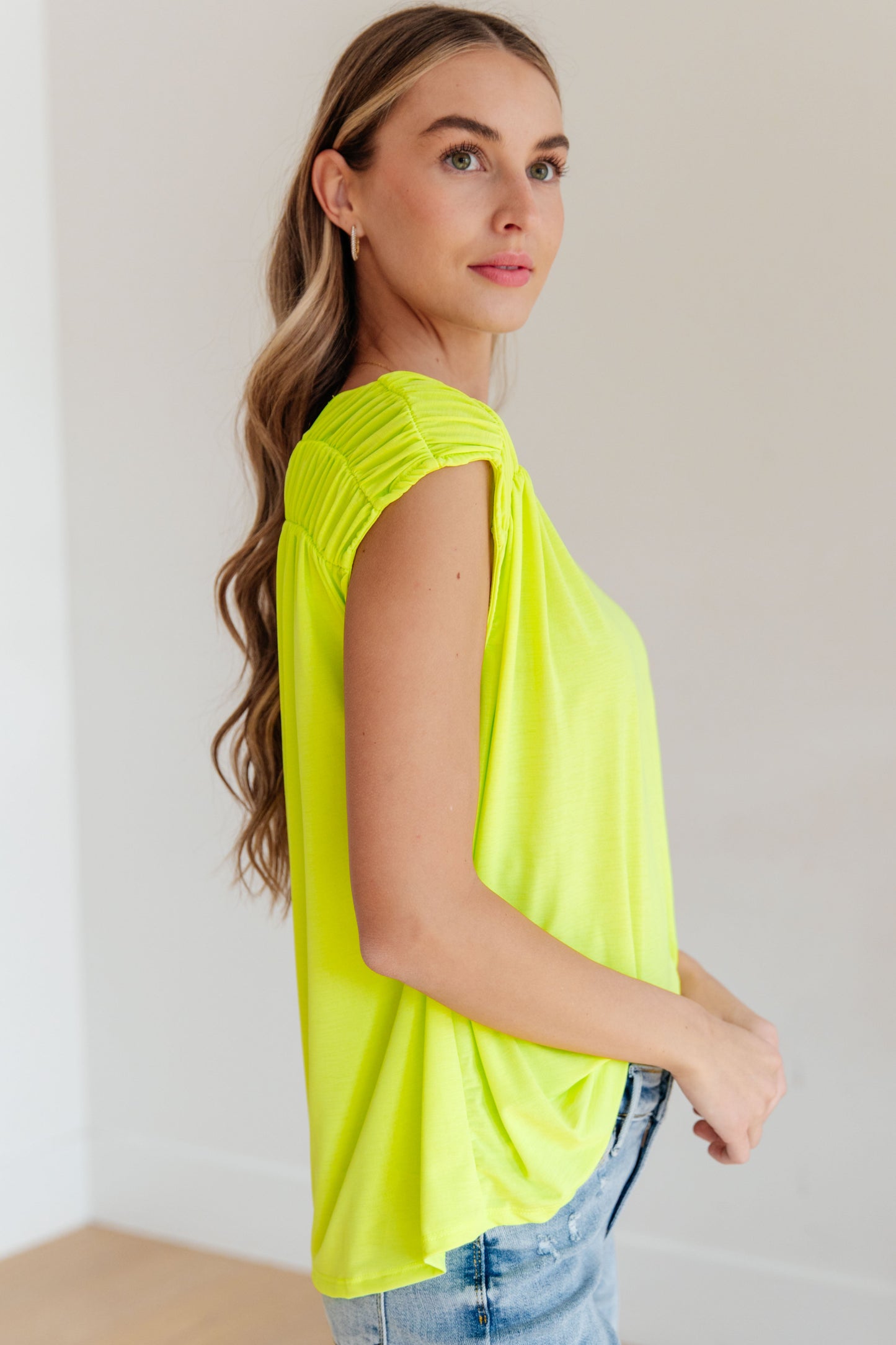 Ruched Cap Sleeve Top in Neon Green - Hey Hunni LLC