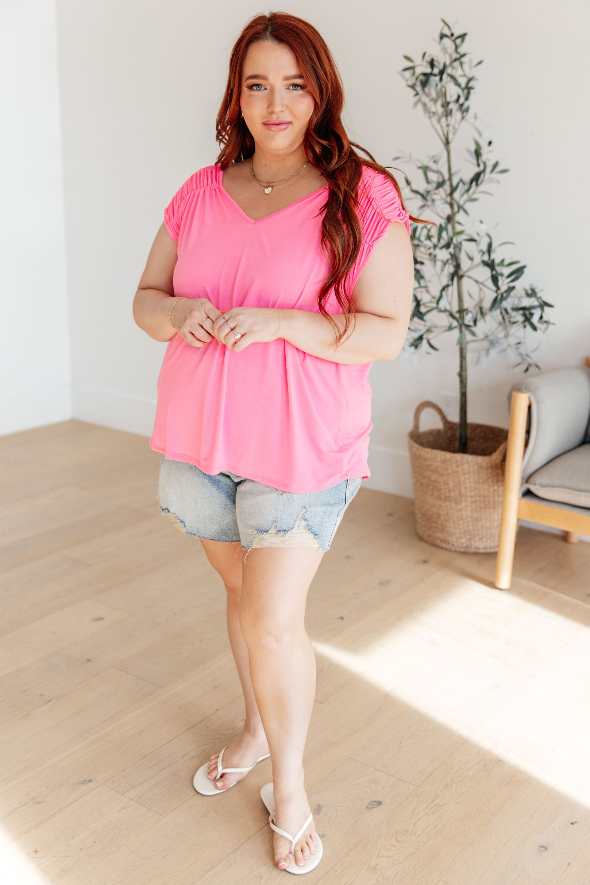 Ruched Cap Sleeve Top in Neon Pink - Hey Hunni LLC