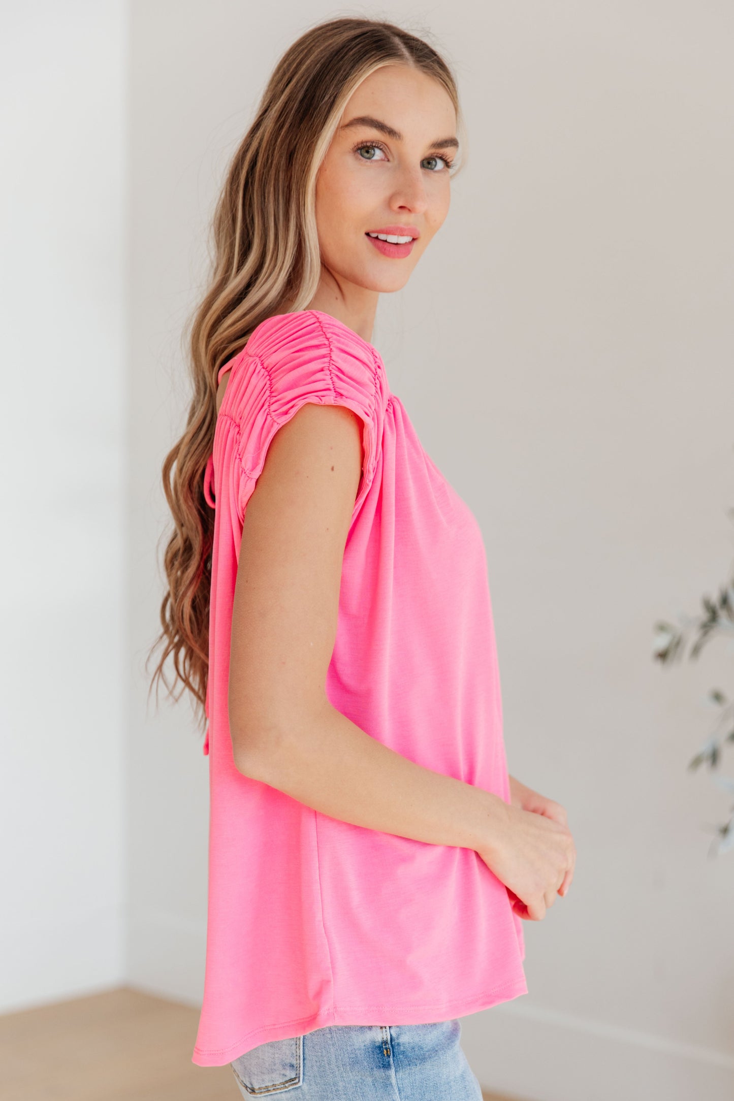 Ruched Cap Sleeve Top in Neon Pink - Hey Hunni LLC