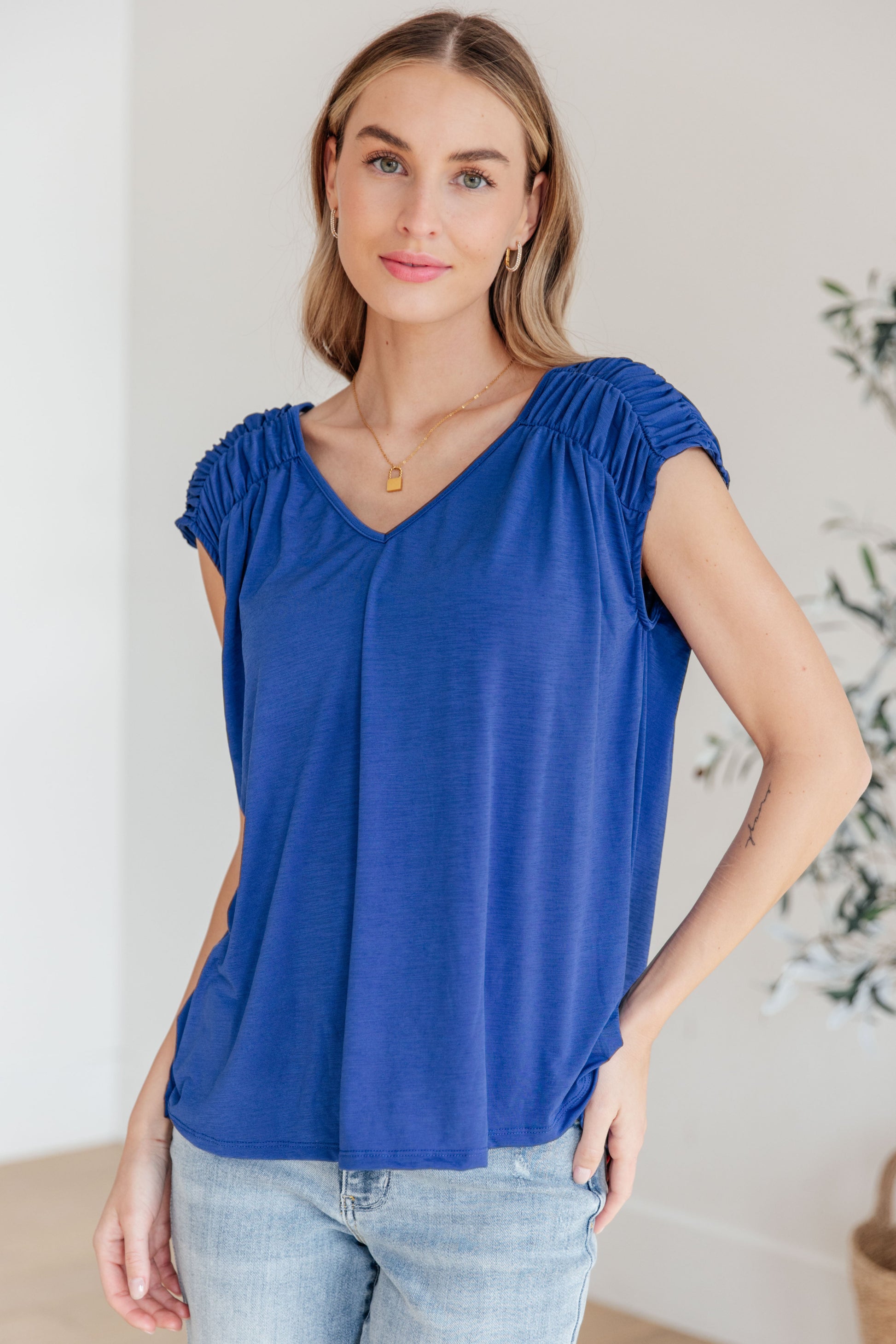 Ruched Cap Sleeve Top in Royal Blue - Hey Hunni LLC