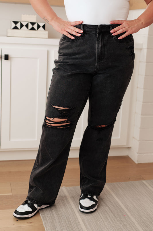 Susannah High Rise Rigid Magic 90's Distressed Straight Jeans in Black - Hey Hunni LLC