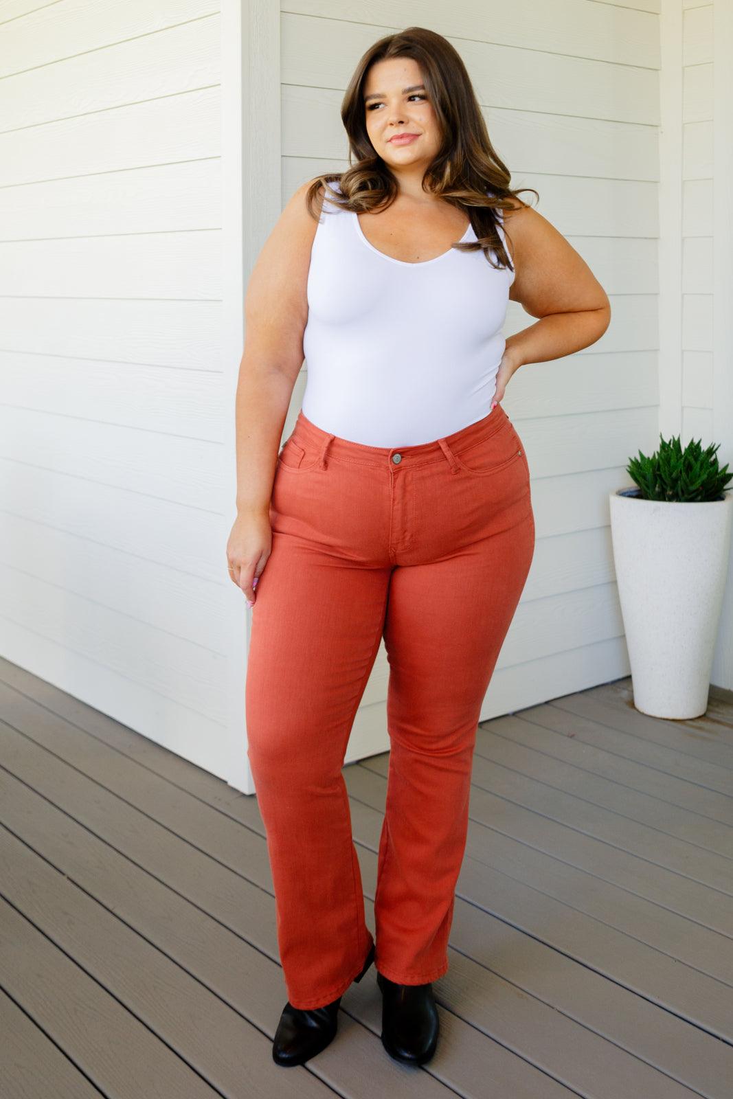 Autumn Mid Rise Slim Bootcut Jeans in Terracotta - Hey Hunni LLC