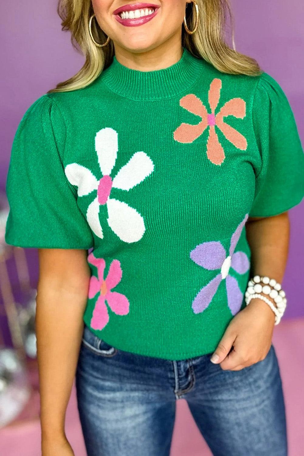 Bright Green Floral Bubble Short Sleeve Sweater - Hey Hunni LLC