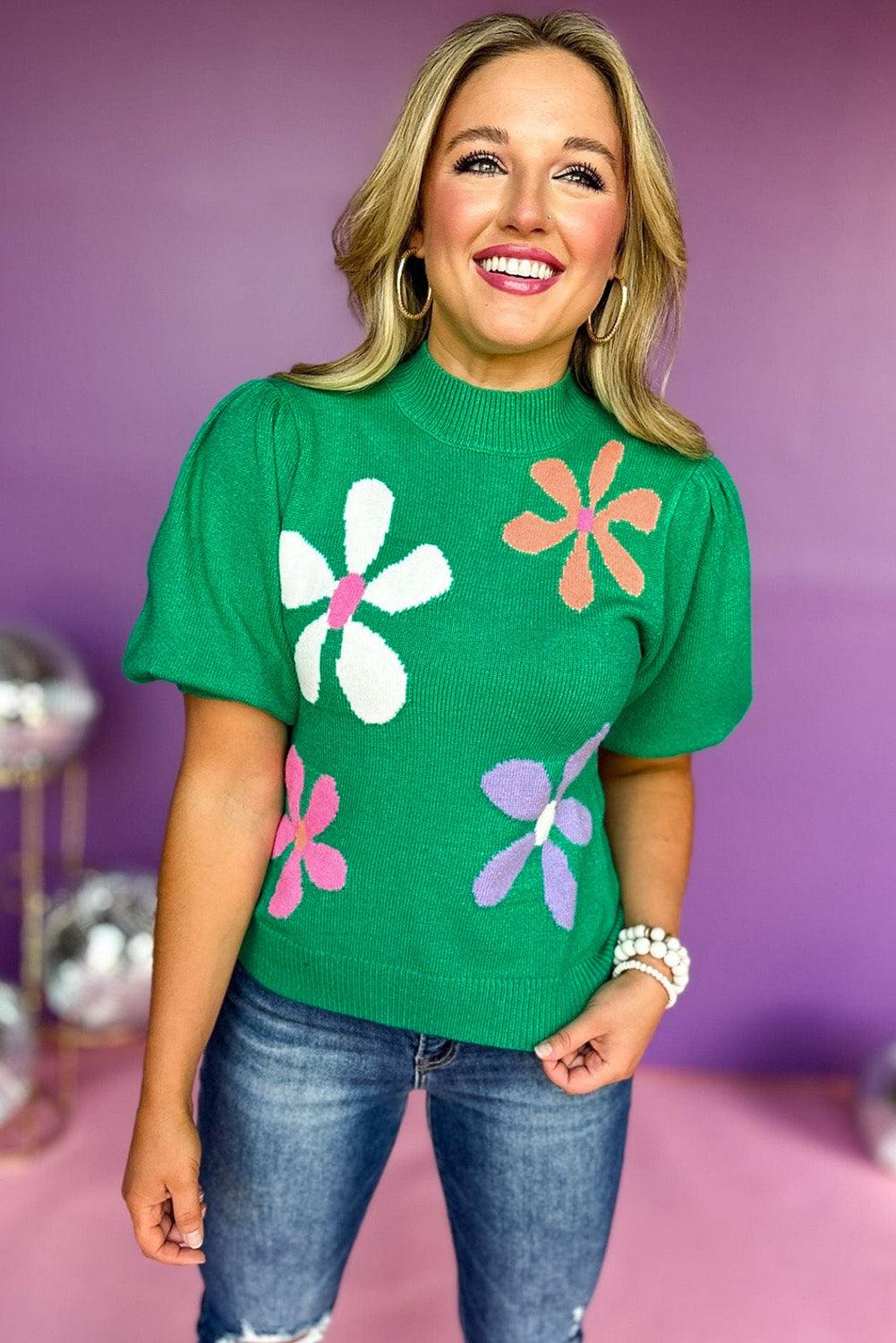 Bright Green Floral Bubble Short Sleeve Sweater - Hey Hunni LLC