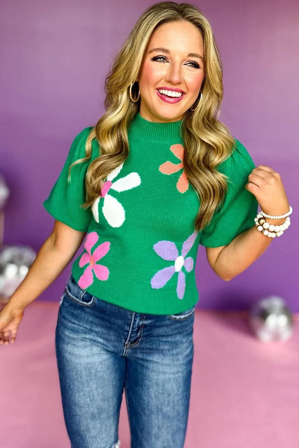 Bright Green Floral Bubble Short Sleeve Sweater - Hey Hunni LLC