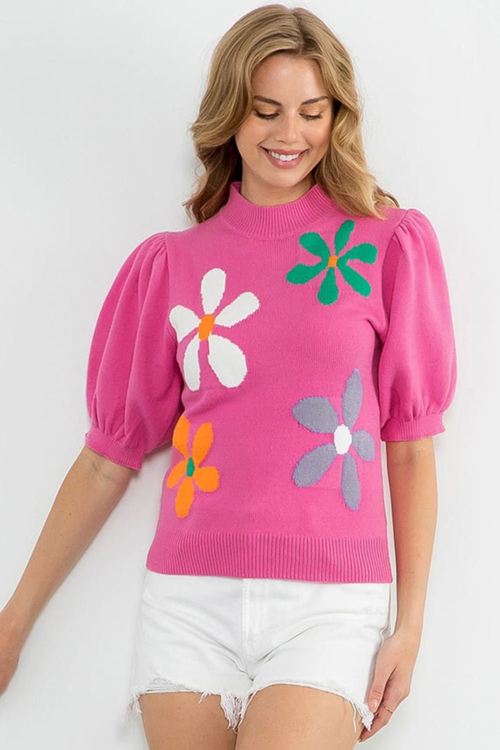 Bright Pink Floral Bubble Short Sleeve Sweater - Hey Hunni LLC