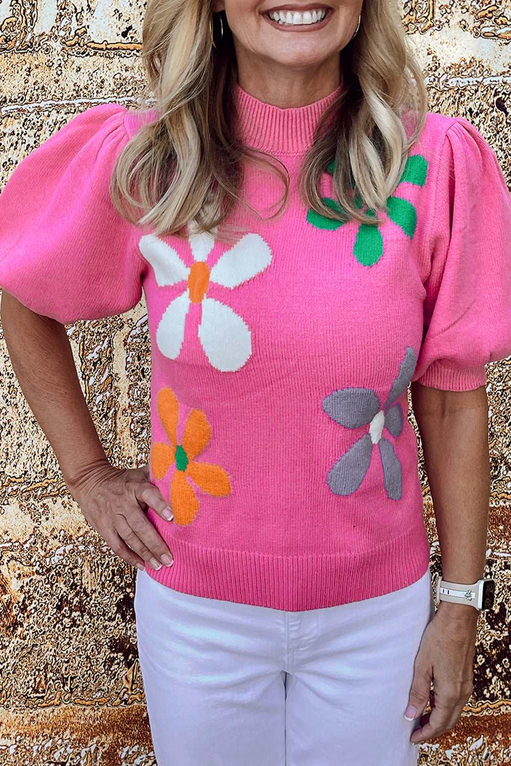 Bright Pink Floral Bubble Short Sleeve Sweater - Hey Hunni LLC