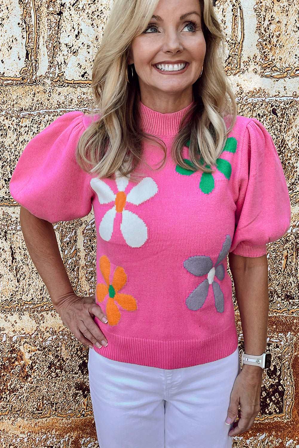 Bright Pink Floral Bubble Short Sleeve Sweater - Hey Hunni LLC