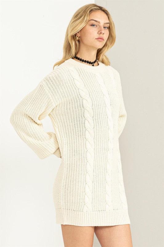 Cable-Knit Ribbed Mini Sweater Dress - Hey Hunni LLC