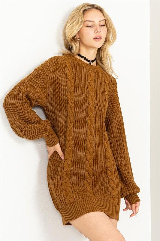 Cable-Knit Ribbed Mini Sweater Dress - Hey Hunni LLC