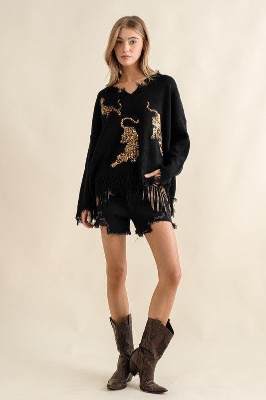 Frayed Edge Sequin Tiger Sweater - Hey Hunni LLC