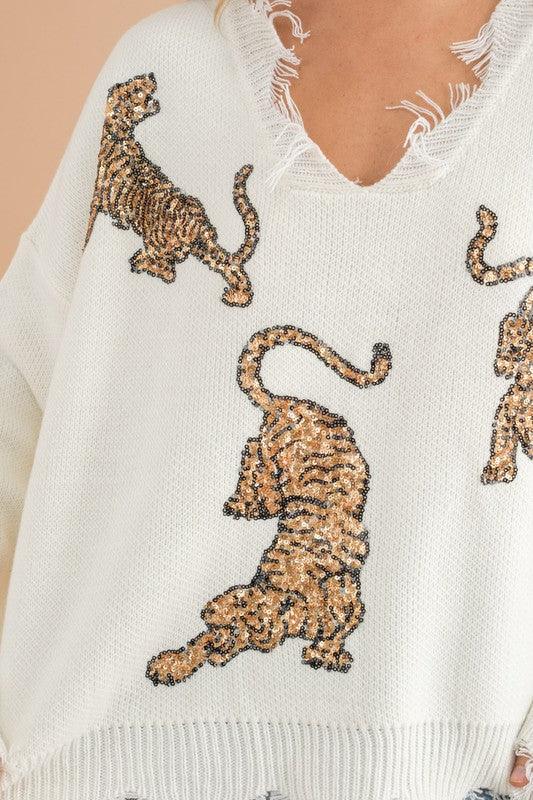 Frayed Edge Sequin Tiger Sweater - Hey Hunni LLC