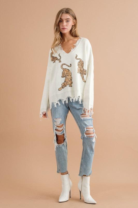 Frayed Edge Sequin Tiger Sweater - Hey Hunni LLC