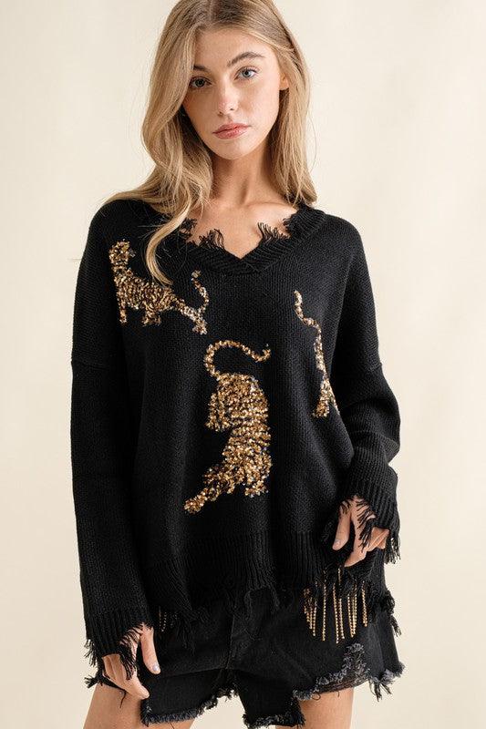 Frayed Edge Sequin Tiger Sweater - Hey Hunni LLC