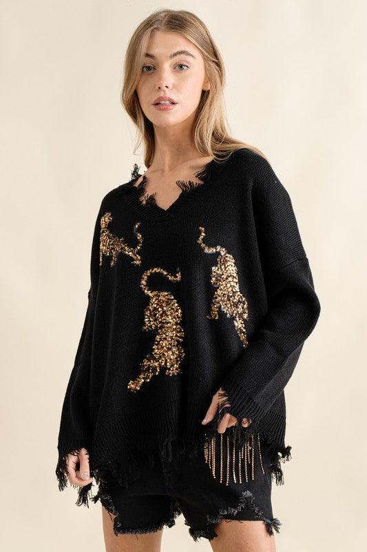 Frayed Edge Sequin Tiger Sweater - Hey Hunni LLC