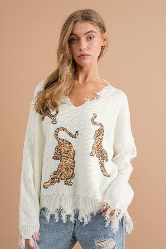 Frayed Edge Sequin Tiger Sweater - Hey Hunni LLC