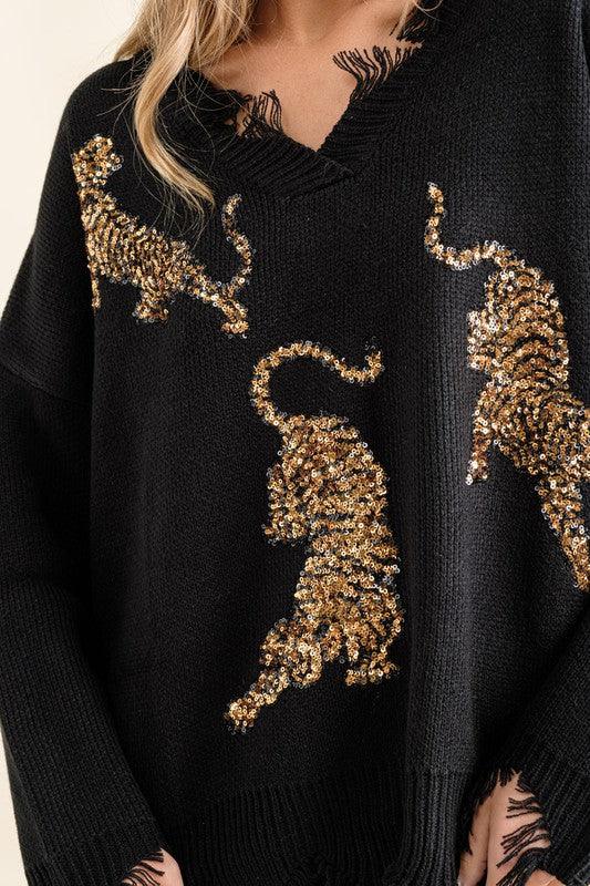 Frayed Edge Sequin Tiger Sweater - Hey Hunni LLC