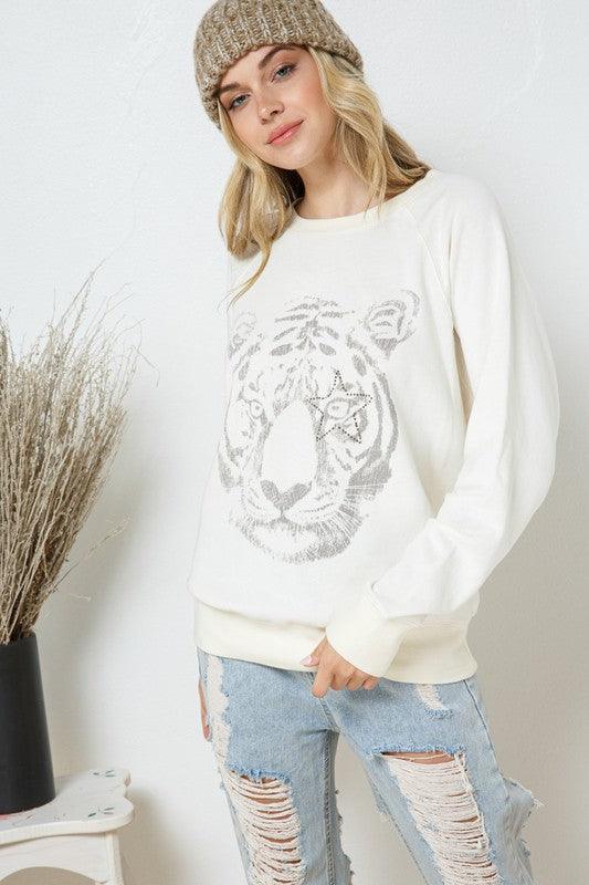 French Terry Tiger Studded Star Graphic Sweatshirt - Hey Hunni LLC