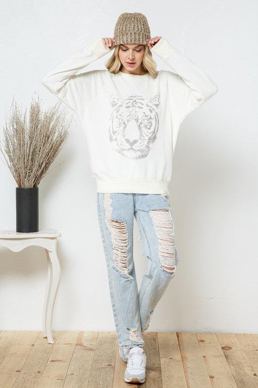 French Terry Tiger Studded Star Graphic Sweatshirt - Hey Hunni LLC