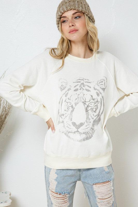 French Terry Tiger Studded Star Graphic Sweatshirt - Hey Hunni LLC