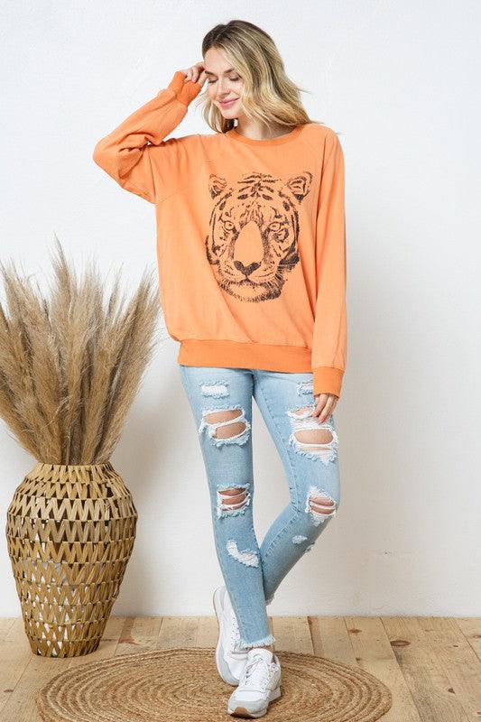 French Terry Tiger Studded Star Graphic Sweatshirt - Hey Hunni LLC