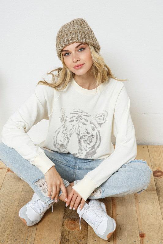 French Terry Tiger Studded Star Graphic Sweatshirt - Hey Hunni LLC