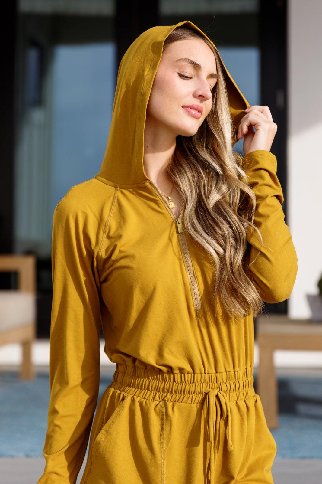 Getting Out Long Sleeve Hoodie Romper Gold Spice - Hey Hunni LLC